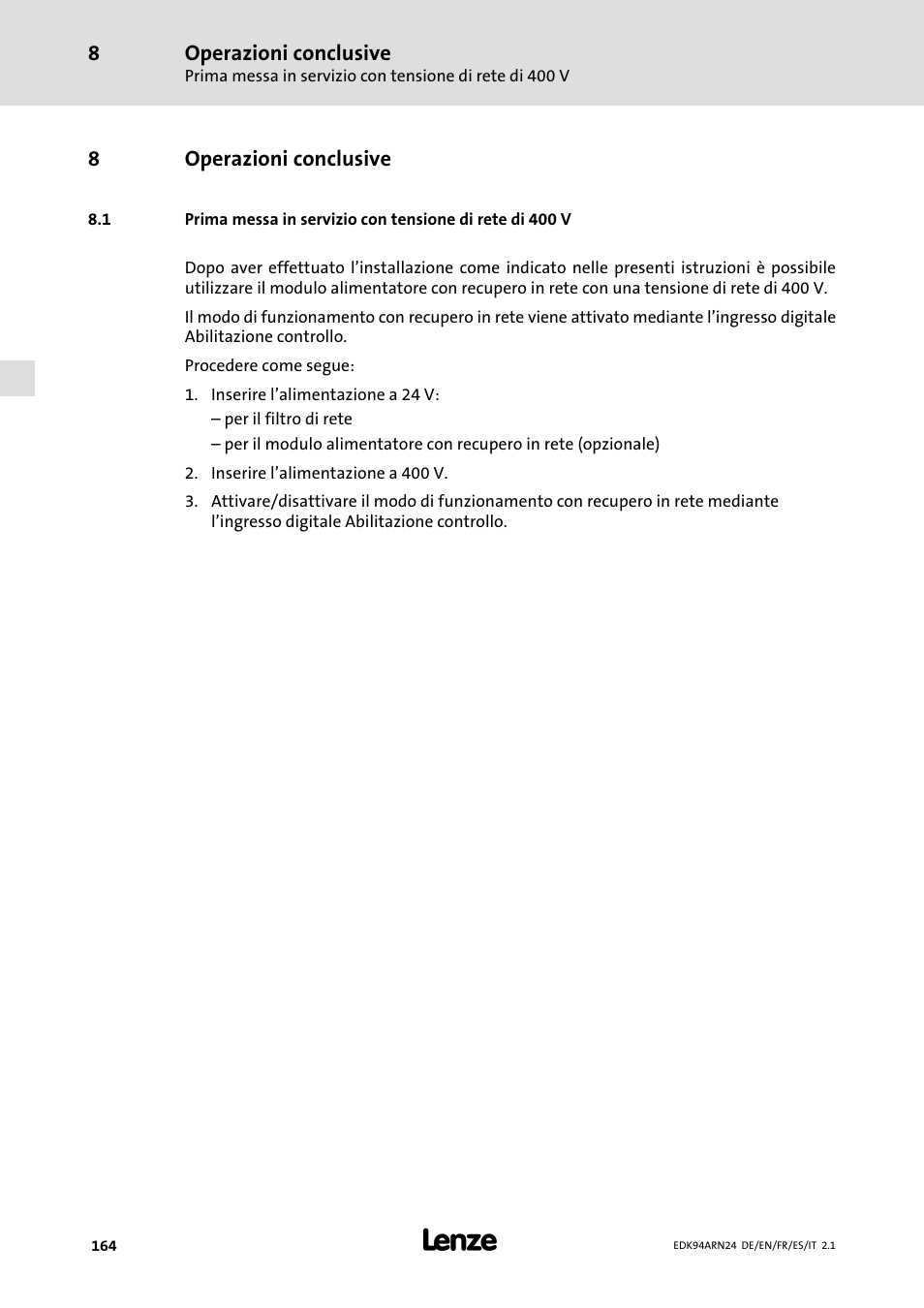 8 operazioni conclusive, Operazioni conclusive | Lenze E94ARNE User Manual | Page 164 / 166