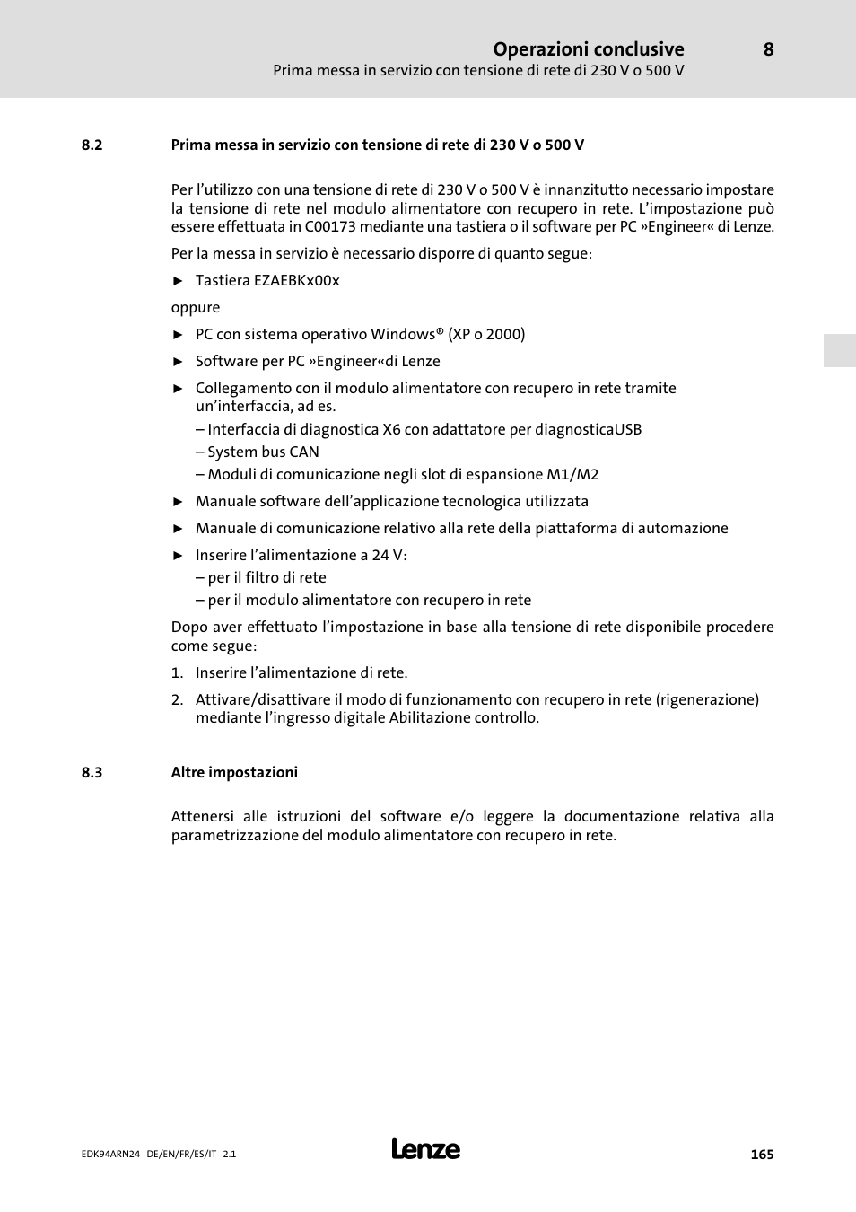 3 altre impostazioni, Altre impostazioni, Operazioni conclusive | Lenze E94ARNE User Manual | Page 165 / 166