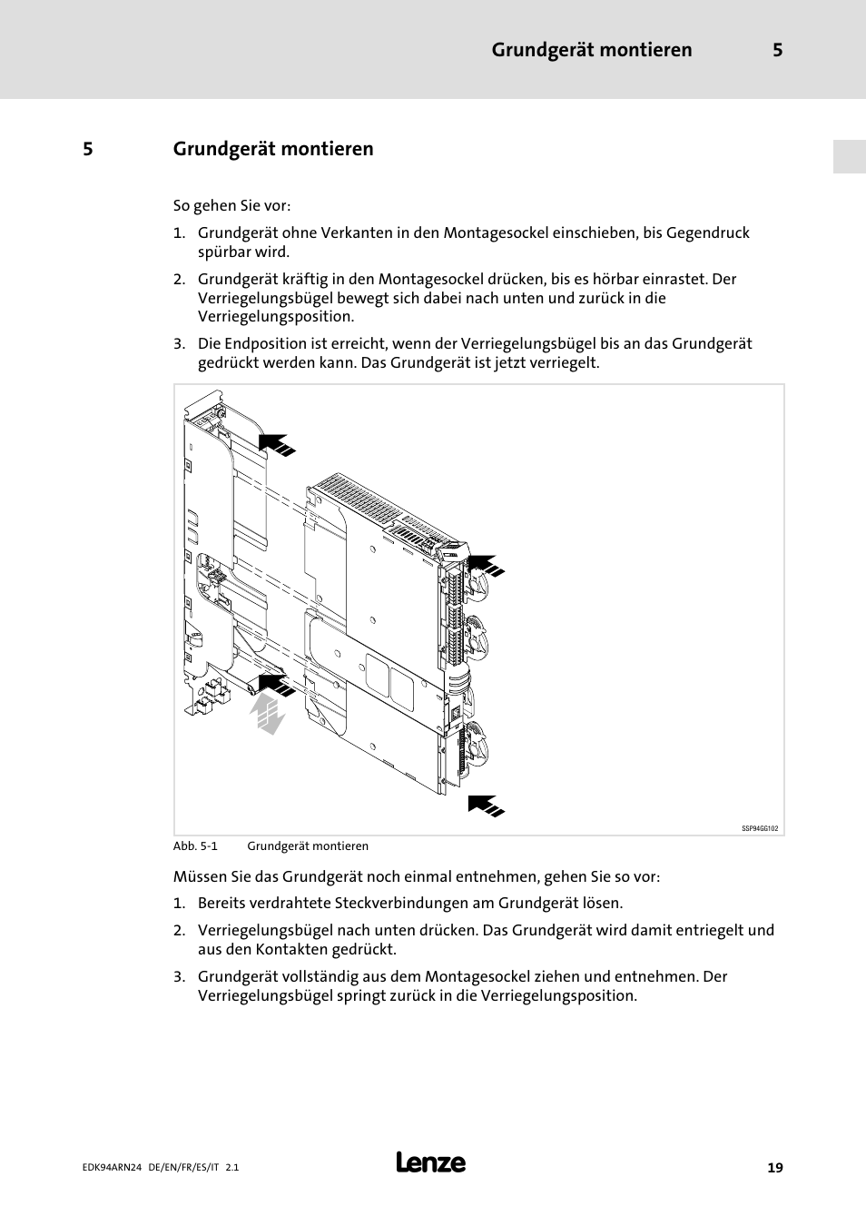 5 grundgerät montieren, Grundgerät montieren, Grundgerät montieren 5 | 5grundgerät montieren | Lenze E94ARNE User Manual | Page 19 / 166