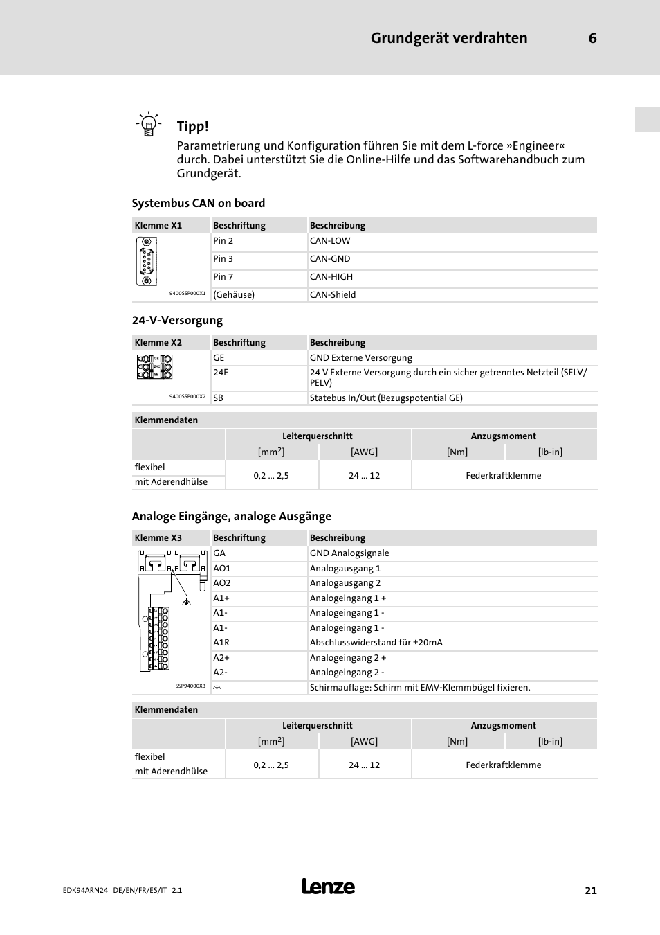 Grundgerät verdrahten 6, Tipp | Lenze E94ARNE User Manual | Page 21 / 166