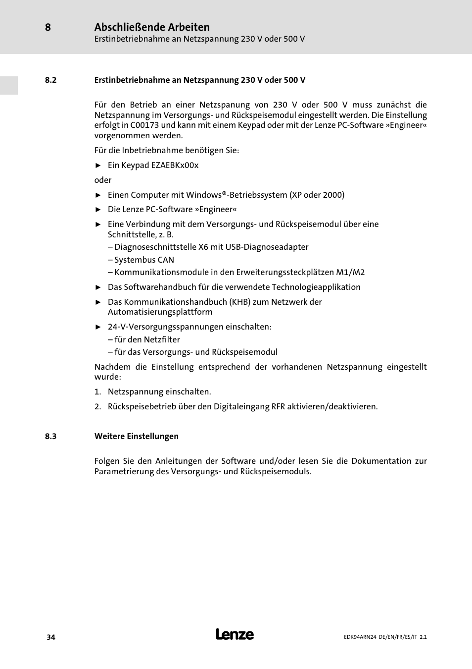 3 weitere einstellungen, Weitere einstellungen, Abschließende arbeiten | Lenze E94ARNE User Manual | Page 34 / 166