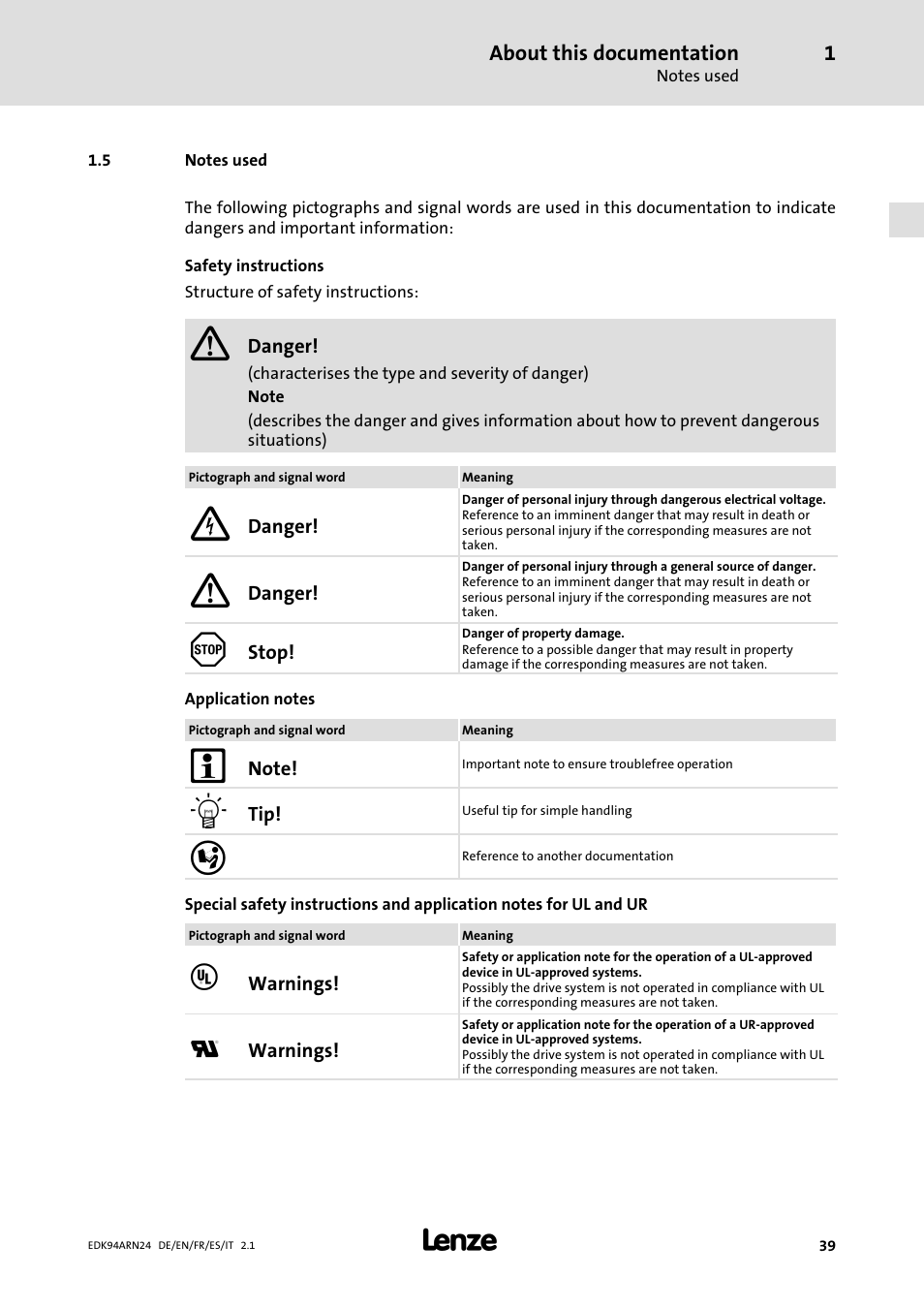 5 notes used, Notes used | Lenze E94ARNE User Manual | Page 39 / 166