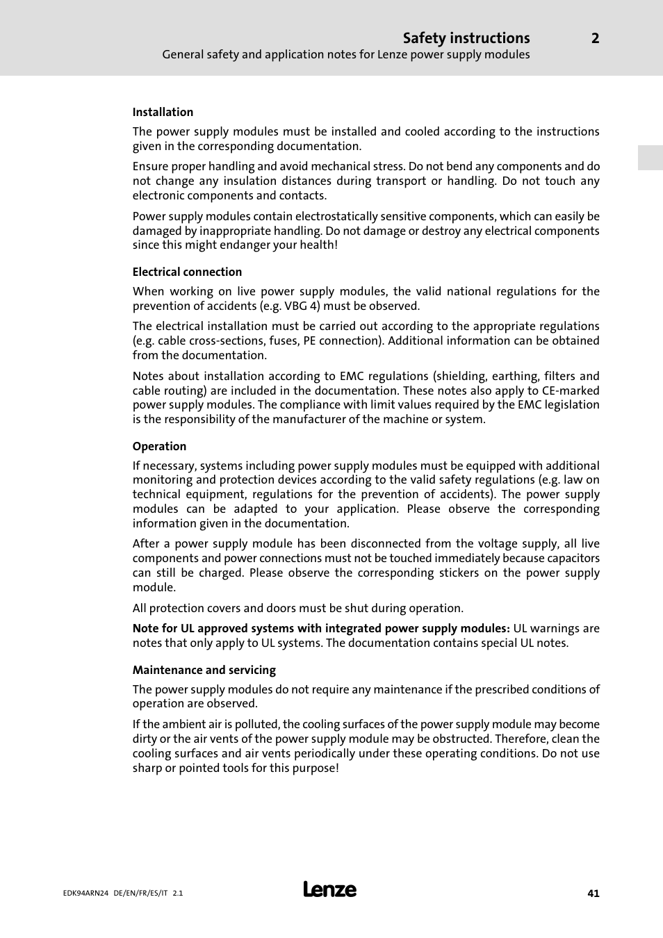 Safety instructions | Lenze E94ARNE User Manual | Page 41 / 166