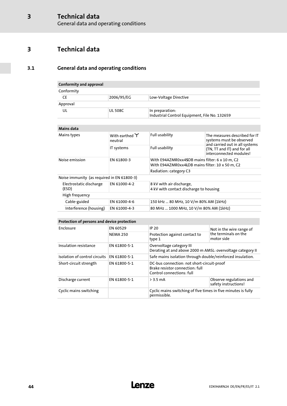 3 technical data, 1 general data and operating conditions, Technical data | General data and operating conditions, 3technical data | Lenze E94ARNE User Manual | Page 44 / 166