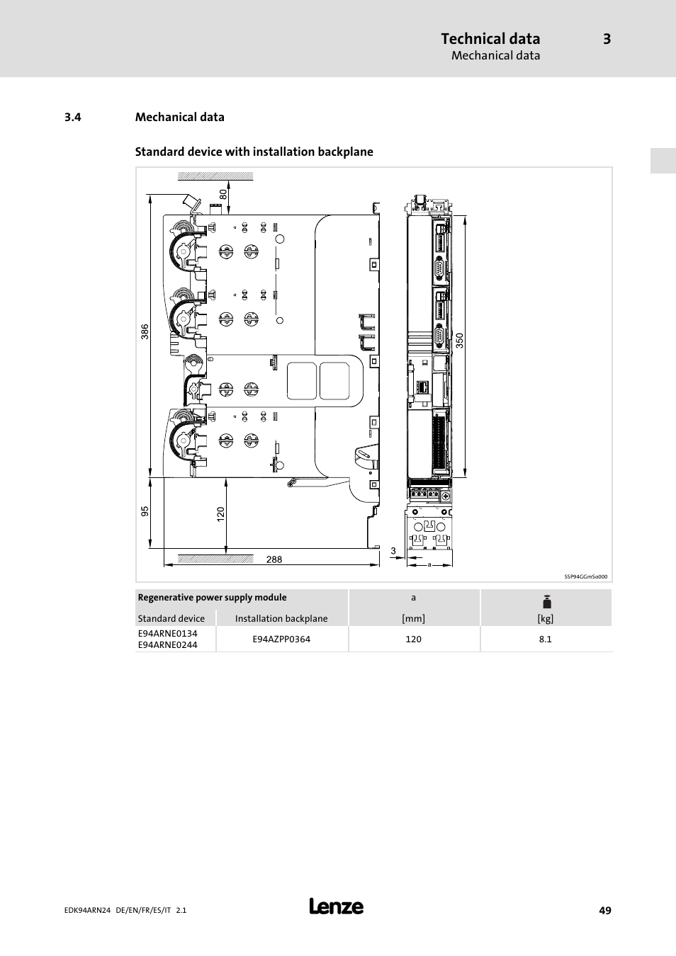 4 mechanical data, Mechanical data, Technical data | Lenze E94ARNE User Manual | Page 49 / 166