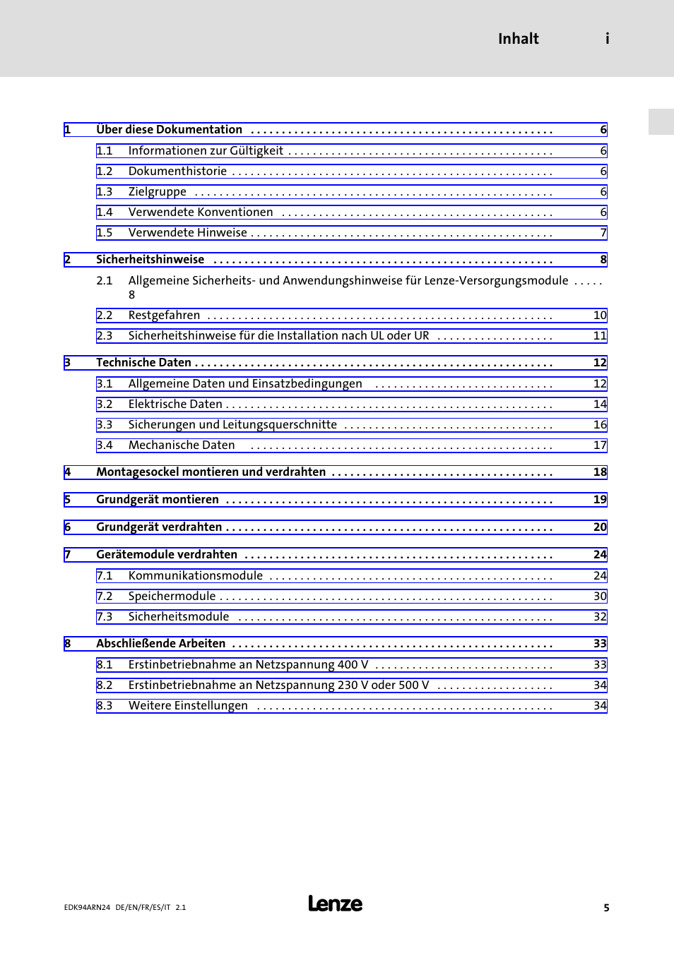 Inhalt, Inhalt i | Lenze E94ARNE User Manual | Page 5 / 166