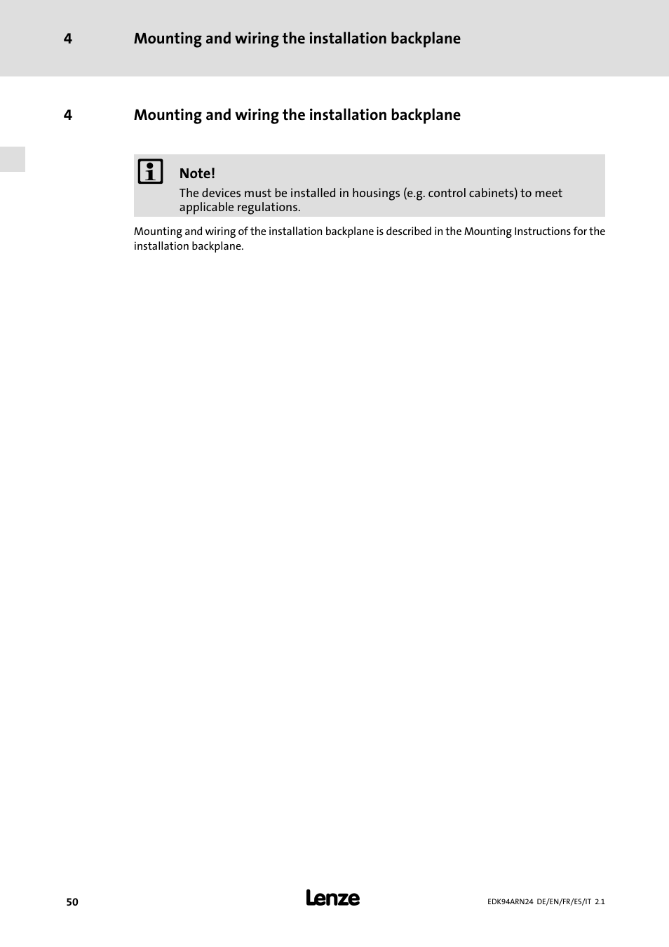 4 mounting and wiring the installation backplane, Mounting and wiring the installation backplane | Lenze E94ARNE User Manual | Page 50 / 166
