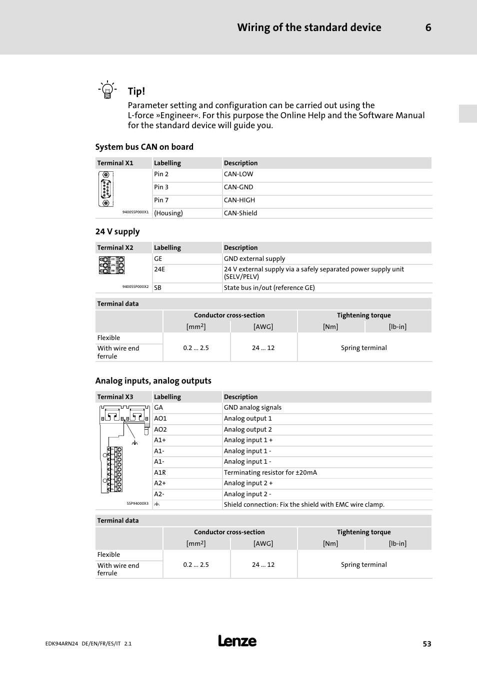 Wiring of the standard device 6 | Lenze E94ARNE User Manual | Page 53 / 166