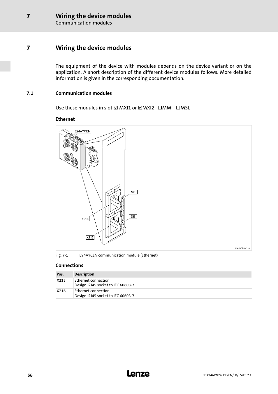 7 wiring the device modules, 1 communication modules, Wiring the device modules | Communication modules, 7wiring the device modules | Lenze E94ARNE User Manual | Page 56 / 166