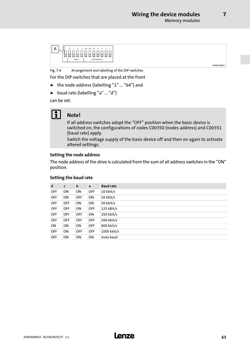 Wiring the device modules, For the dip switches that are placed at the front, The node address (labelling "1" ... "64") and | Baud rate (labelling "a" ... "d") can be set | Lenze E94ARNE User Manual | Page 63 / 166