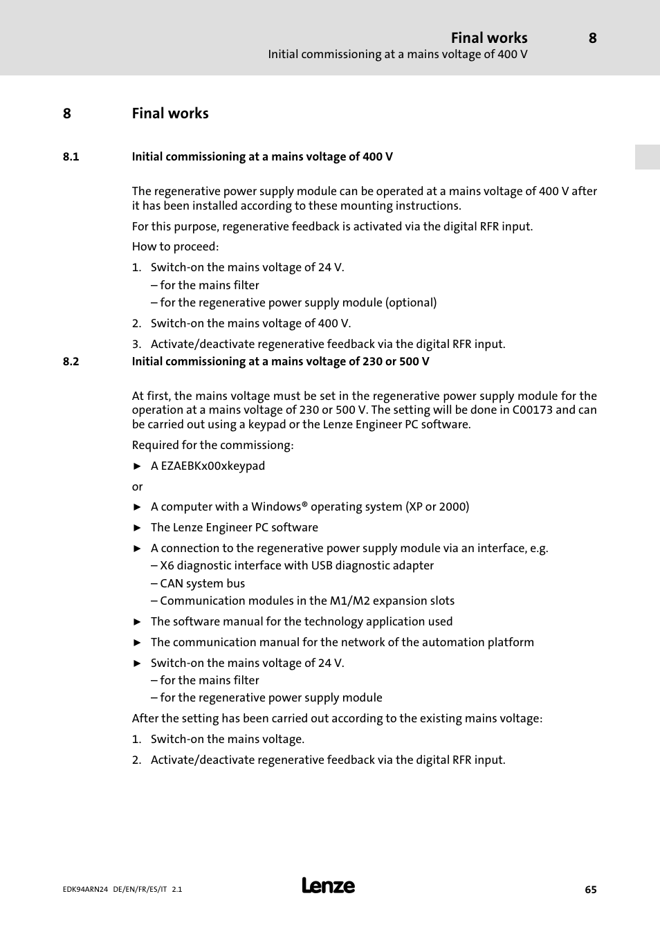 8 final works, Final works, Initial commissioning at a mains voltage of 400 v | 8final works | Lenze E94ARNE User Manual | Page 65 / 166