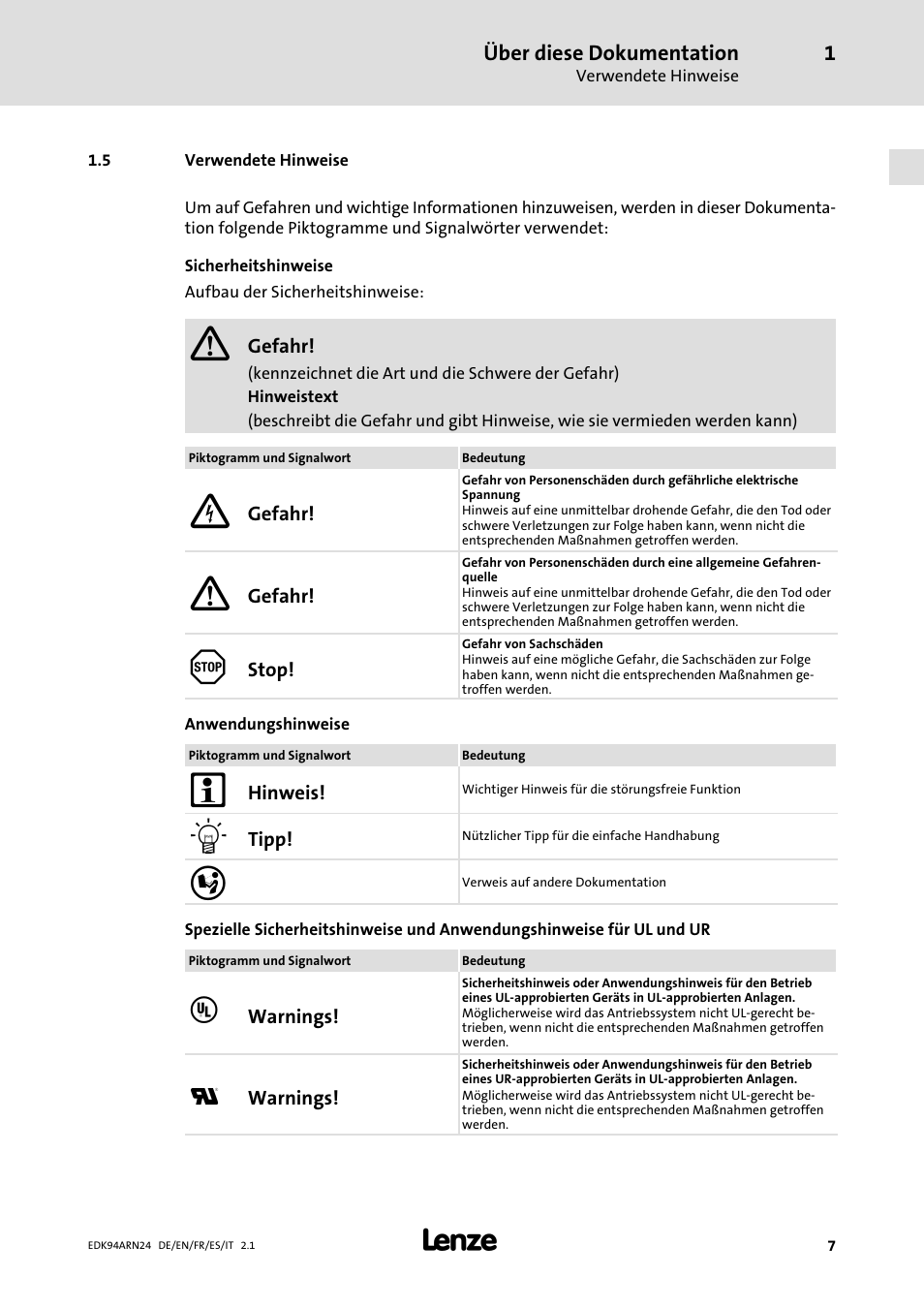 5 verwendete hinweise, Verwendete hinweise | Lenze E94ARNE User Manual | Page 7 / 166