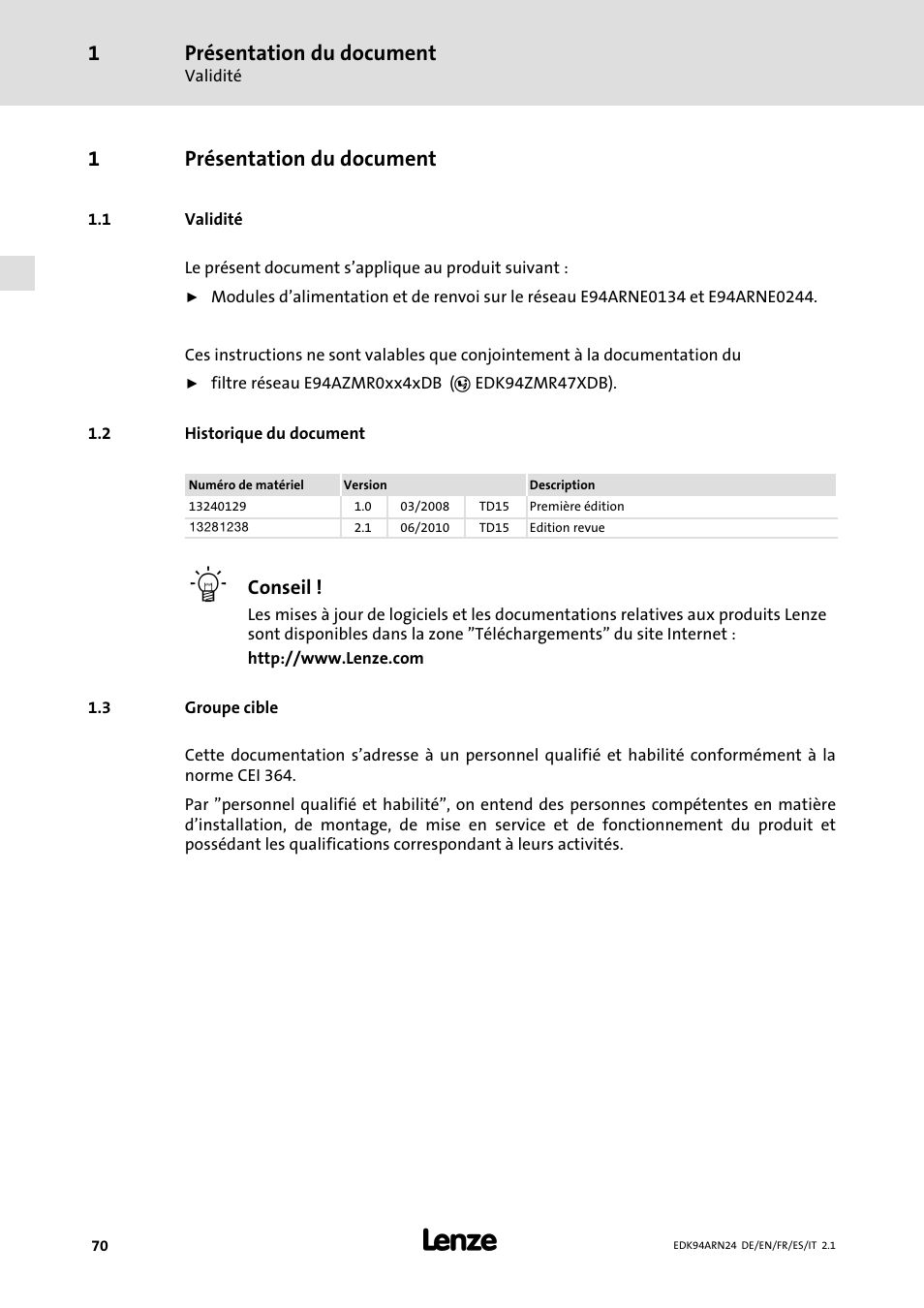 1 présentation du document, 1 validité, 2 historique du document | 3 groupe cible, Présentation du document, Validité, Historique du document, Groupe cible, 1présentation du document | Lenze E94ARNE User Manual | Page 70 / 166