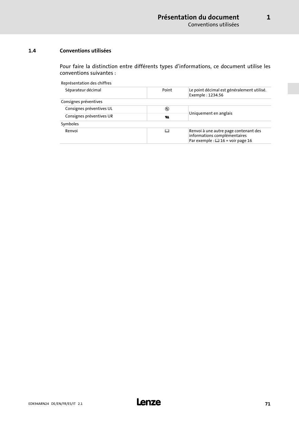 4 conventions utilisées, Conventions utilisées, Présentation du document | Lenze E94ARNE User Manual | Page 71 / 166
