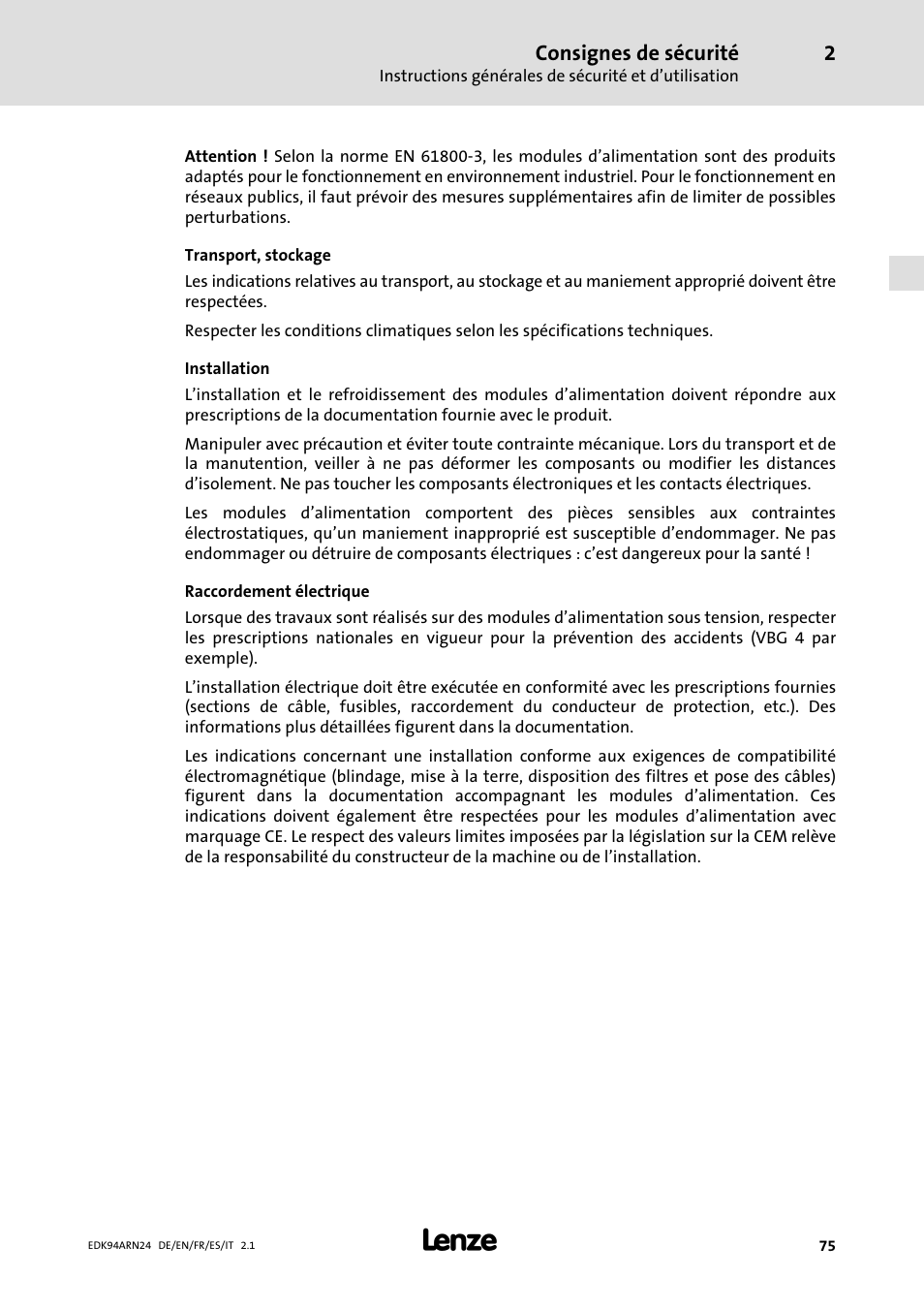 Consignes de sécurité | Lenze E94ARNE User Manual | Page 75 / 166