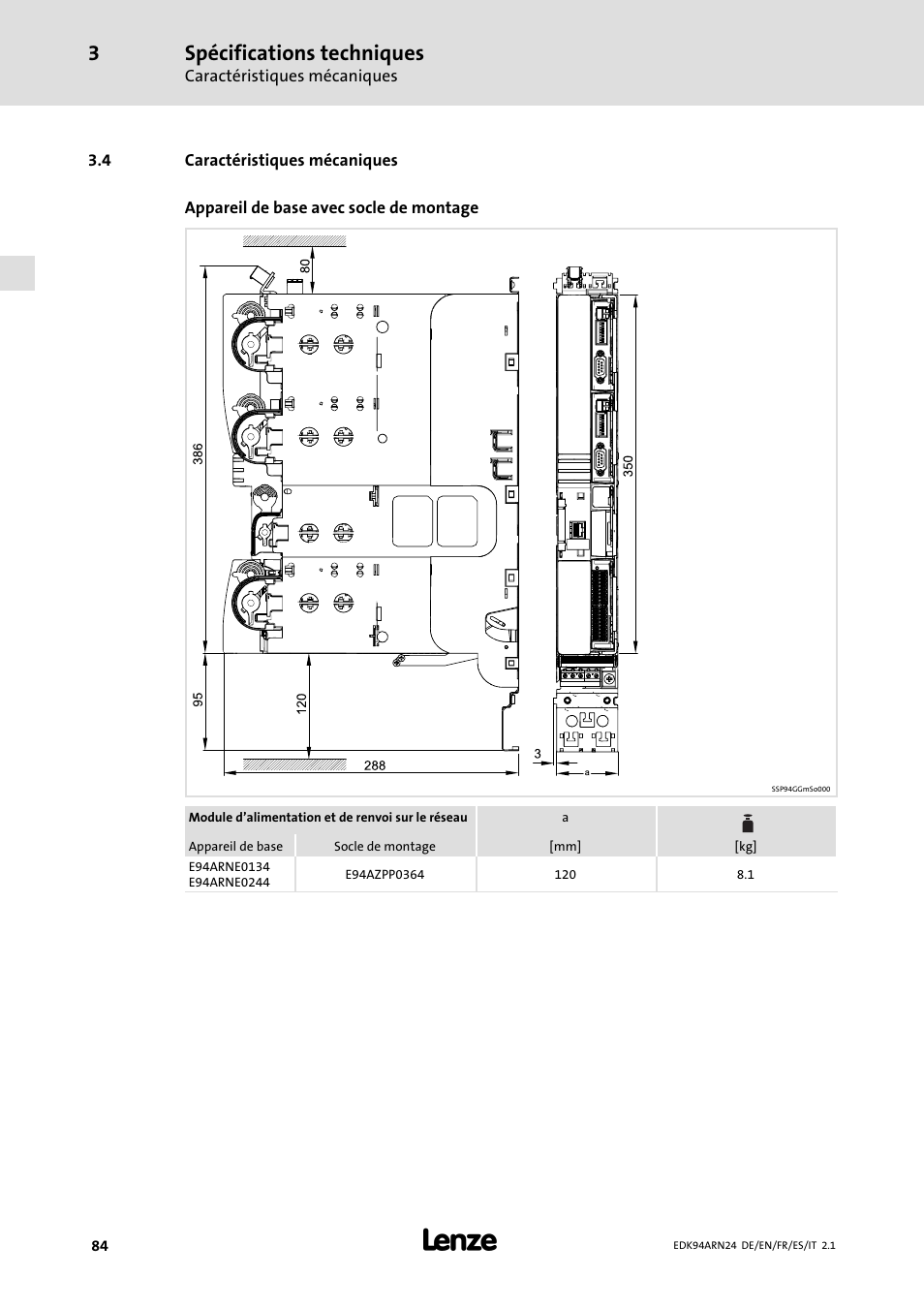 4 caractéristiques mécaniques, Caractéristiques mécaniques, Spécifications techniques | Lenze E94ARNE User Manual | Page 84 / 166