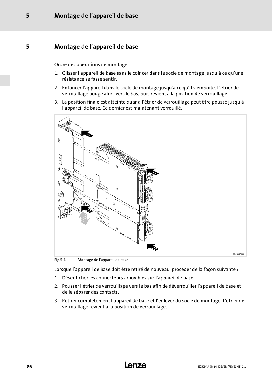 5 montage de l'appareil de base, Montage de l’appareil de base, Montage de l’appareil de base 5 | 5montage de l’appareil de base | Lenze E94ARNE User Manual | Page 86 / 166