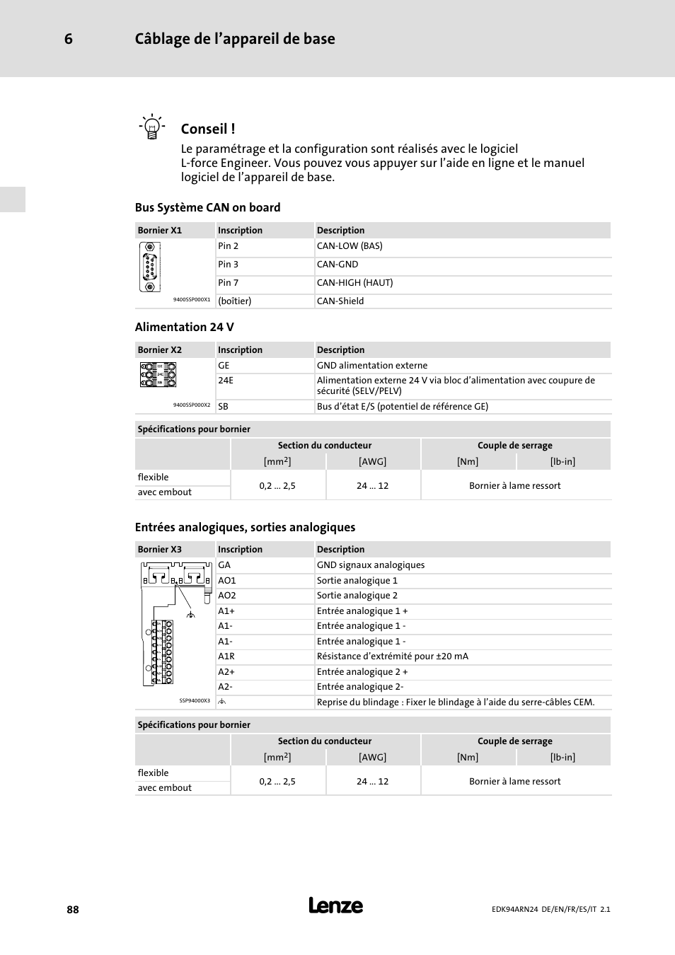 Câblage de l’appareil de base 6, Conseil | Lenze E94ARNE User Manual | Page 88 / 166