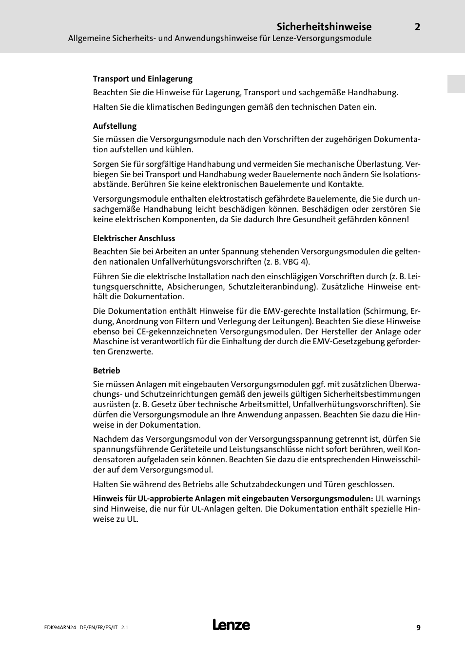 Sicherheitshinweise | Lenze E94ARNE User Manual | Page 9 / 166