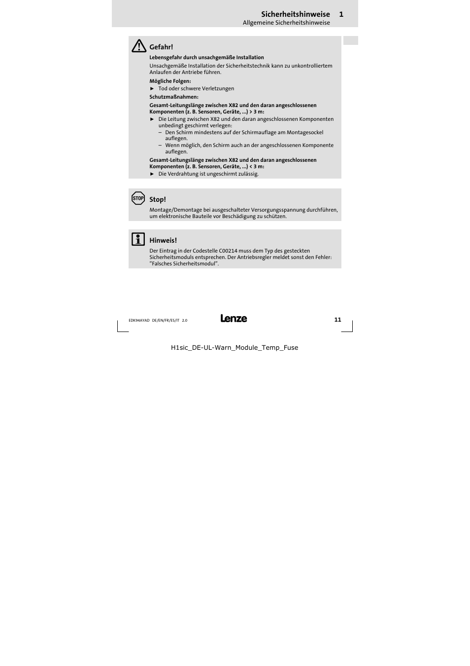 Lenze E94AYAD - SM300 User Manual | Page 11 / 84