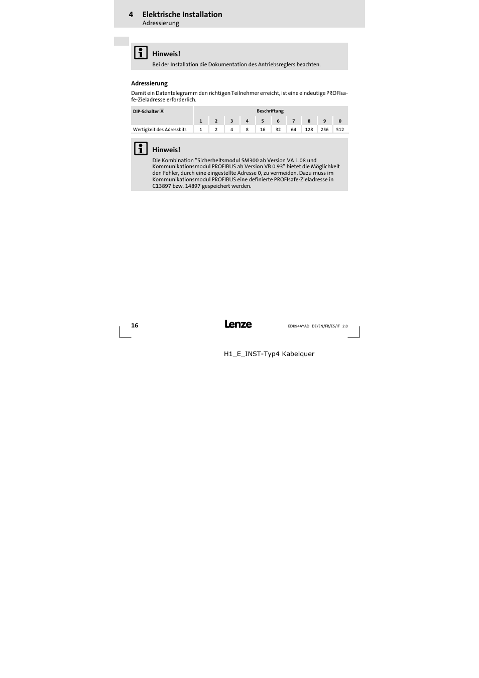 4 elektrische installation | Lenze E94AYAD - SM300 User Manual | Page 16 / 84