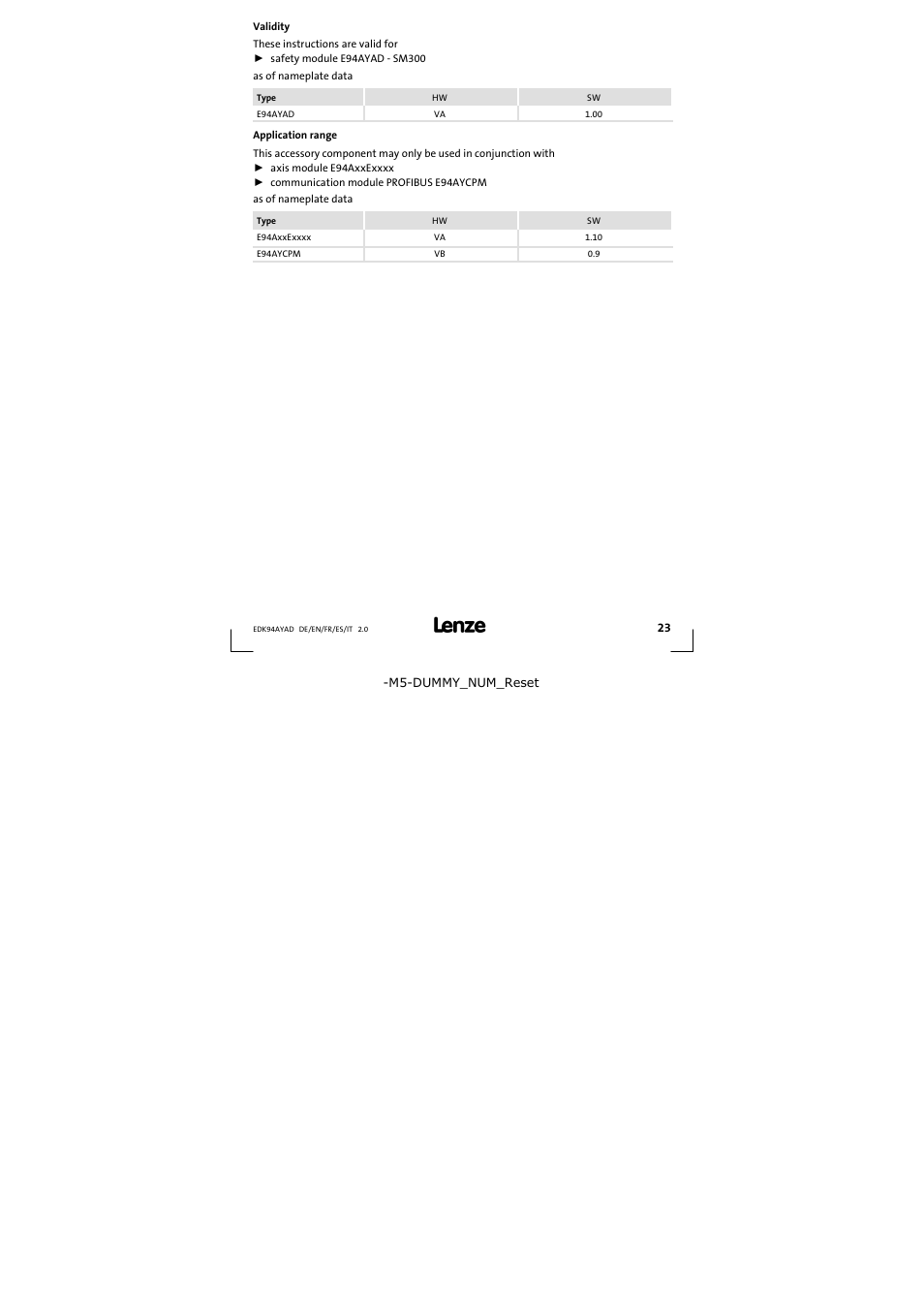 Validity | Lenze E94AYAD - SM300 User Manual | Page 23 / 84
