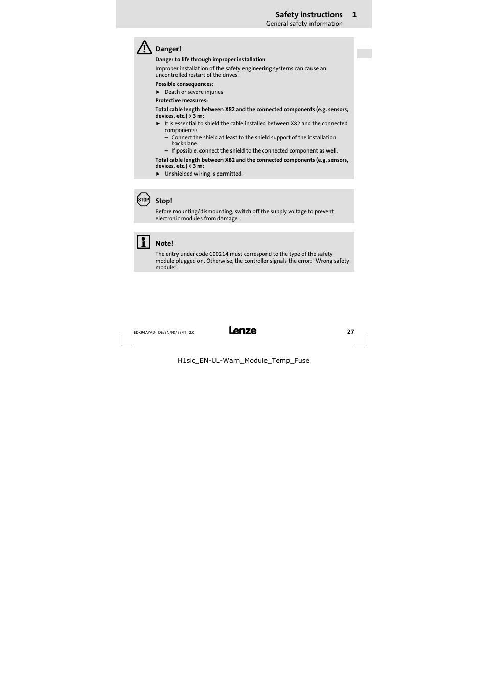 Lenze E94AYAD - SM300 User Manual | Page 27 / 84