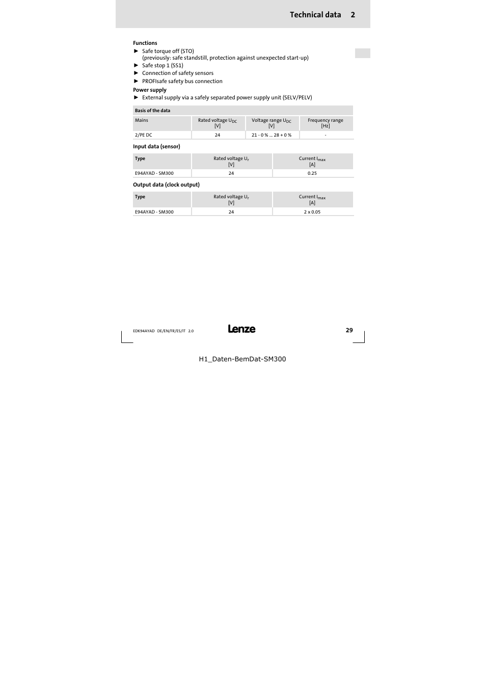 2 technical data, Technical data 2 | Lenze E94AYAD - SM300 User Manual | Page 29 / 84