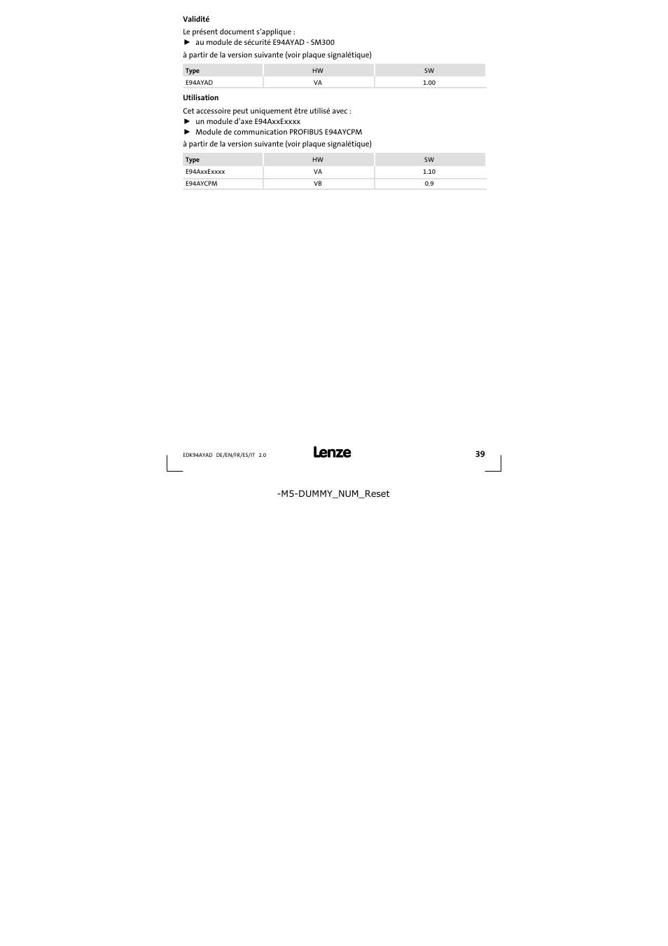 Validité | Lenze E94AYAD - SM300 User Manual | Page 39 / 84
