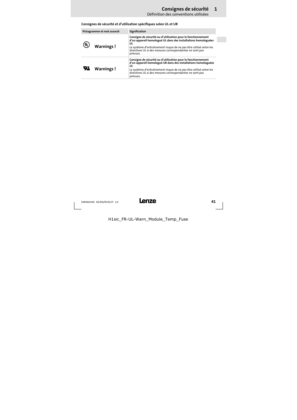 Consignes de sécurité | Lenze E94AYAD - SM300 User Manual | Page 41 / 84