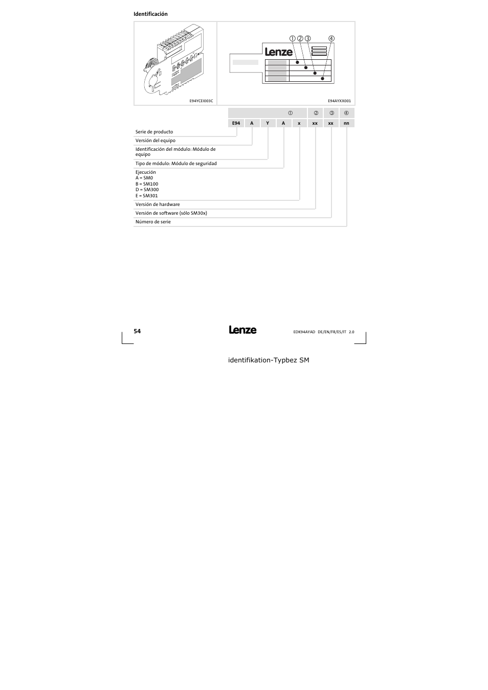Identificación | Lenze E94AYAD - SM300 User Manual | Page 54 / 84