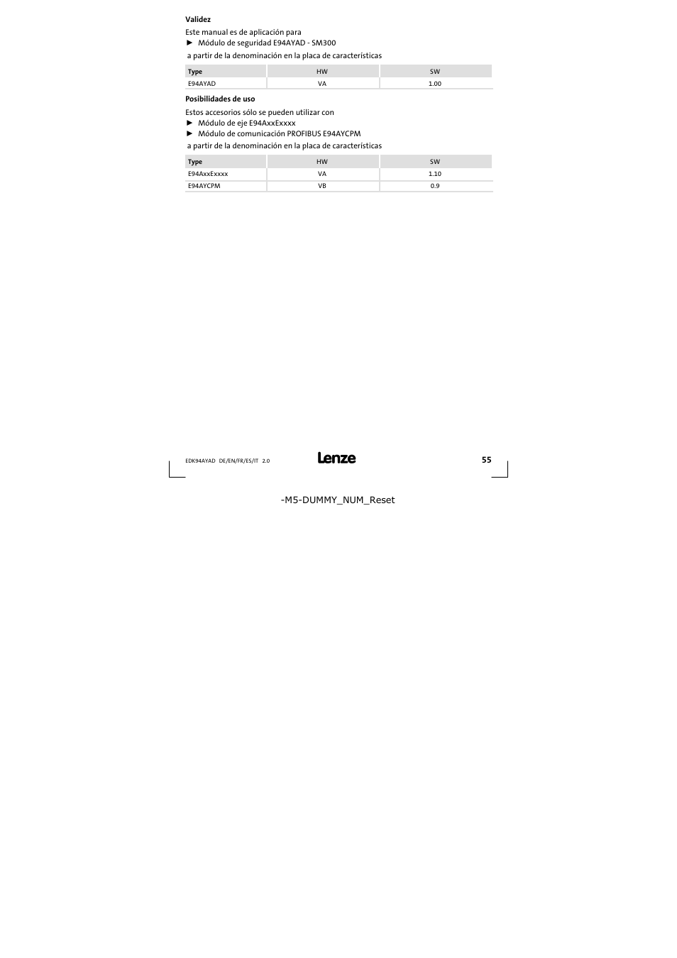 Validez | Lenze E94AYAD - SM300 User Manual | Page 55 / 84