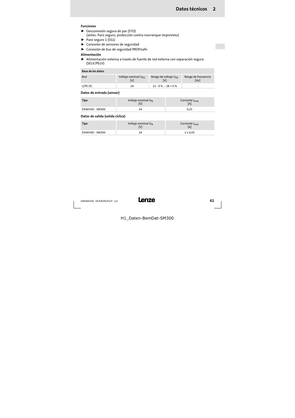 2 datos técnicos, Datos técnicos 2 | Lenze E94AYAD - SM300 User Manual | Page 61 / 84