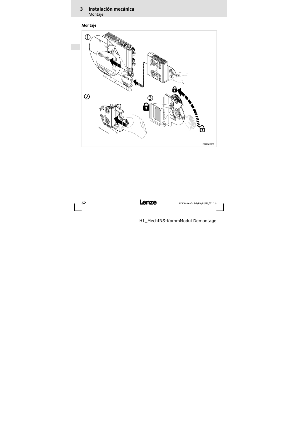 3 instalación mecánica | Lenze E94AYAD - SM300 User Manual | Page 62 / 84