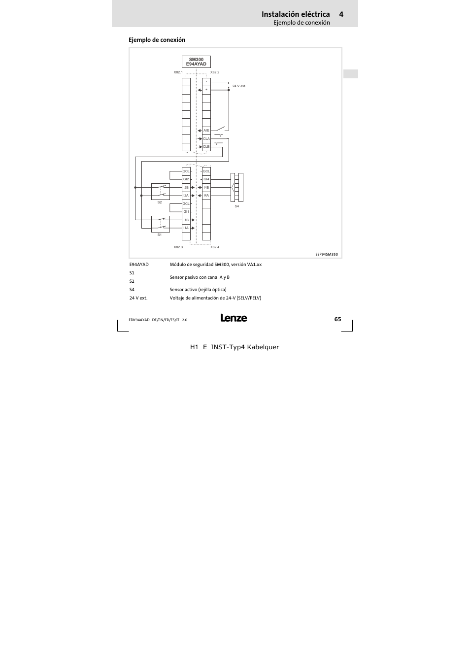 Instalación eléctrica, Ejemplo de conexión, H1_e_inst-typ4 kabelquer ejemplo de conexión | Lenze E94AYAD - SM300 User Manual | Page 65 / 84
