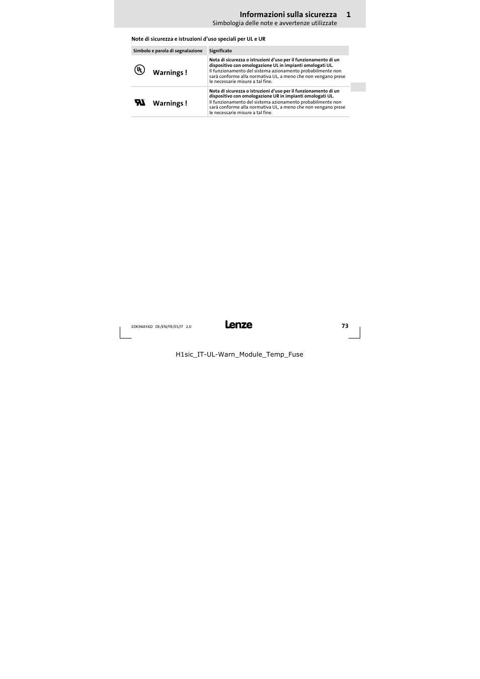 Informazioni sulla sicurezza | Lenze E94AYAD - SM300 User Manual | Page 73 / 84