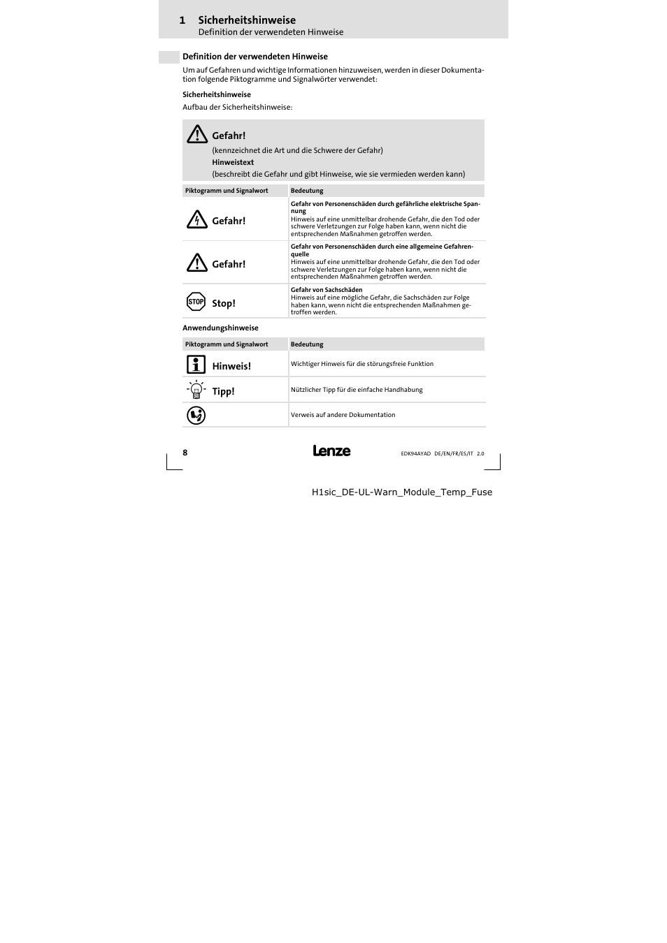 1 sicherheitshinweise | Lenze E94AYAD - SM300 User Manual | Page 8 / 84