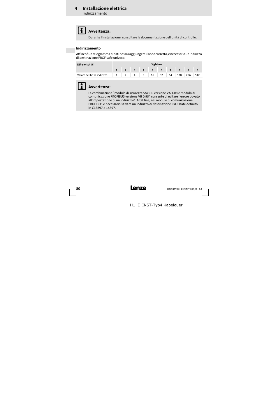 4 installazione elettrica | Lenze E94AYAD - SM300 User Manual | Page 80 / 84