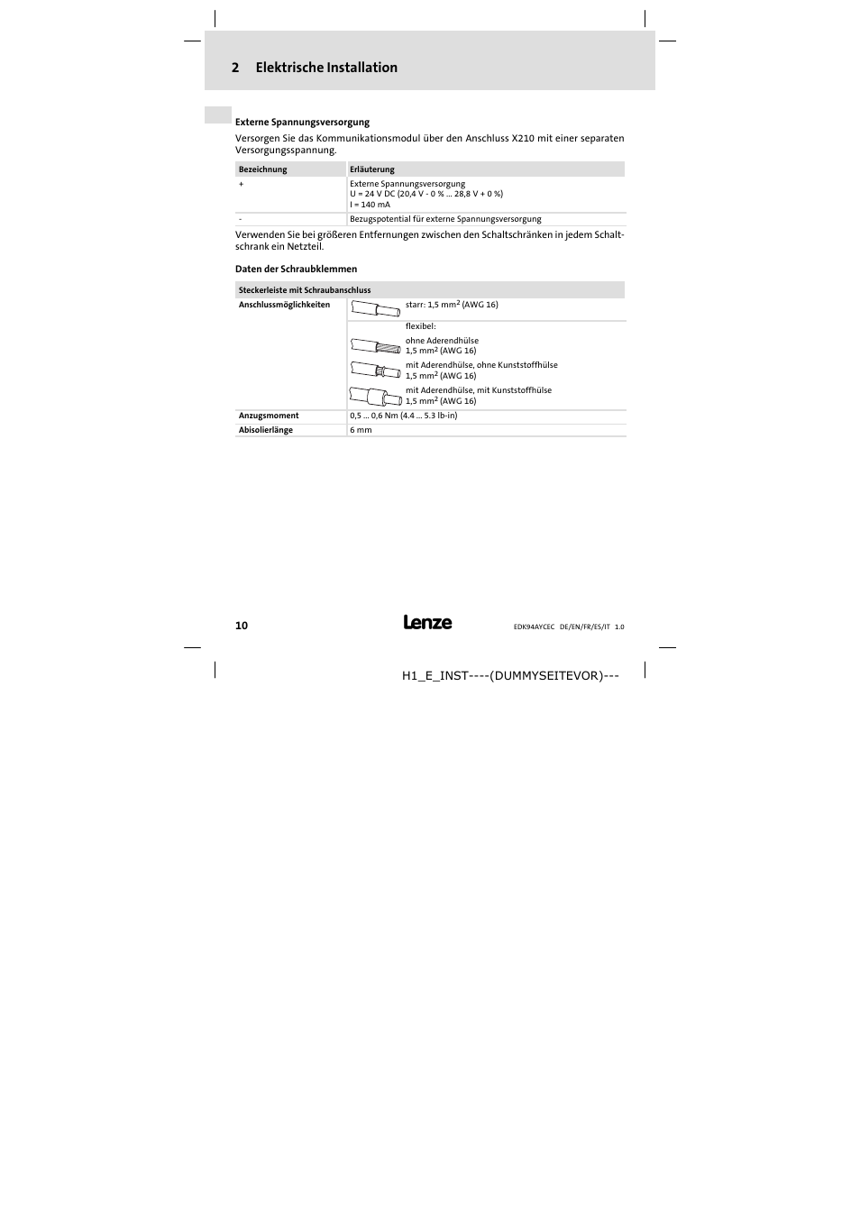 2 elektrische installation, 2elektrische installation | Lenze E94AYCEC User Manual | Page 10 / 46