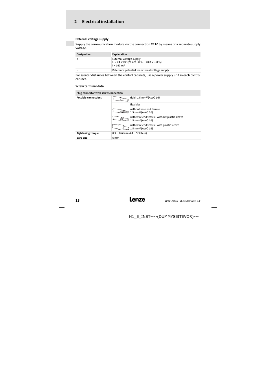 2 electrical installation, 2electrical installation | Lenze E94AYCEC User Manual | Page 18 / 46