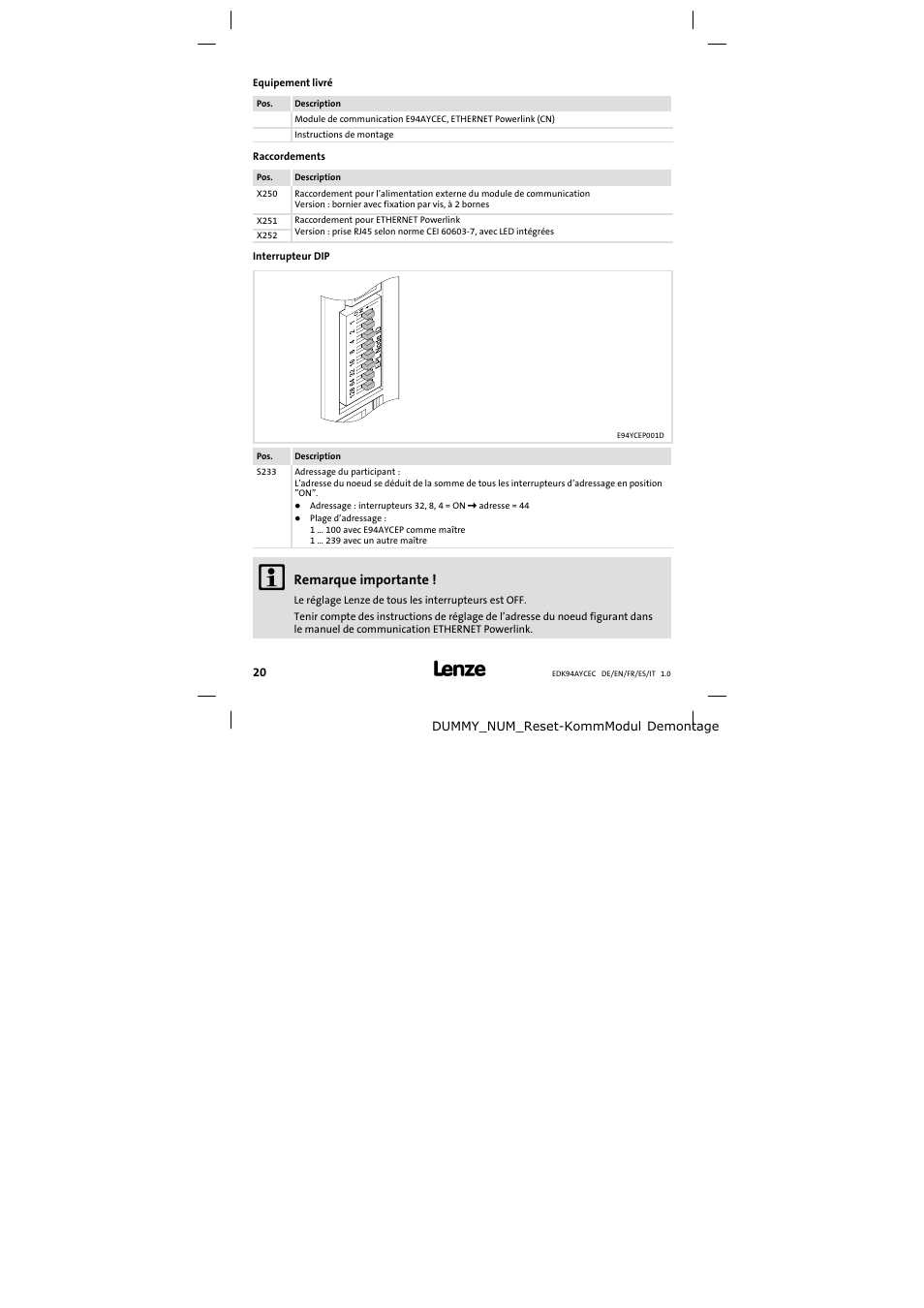 Equipement livré, Remarque importante | Lenze E94AYCEC User Manual | Page 20 / 46