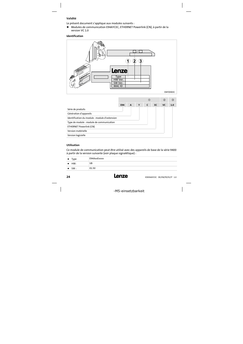 Validité | Lenze E94AYCEC User Manual | Page 24 / 46