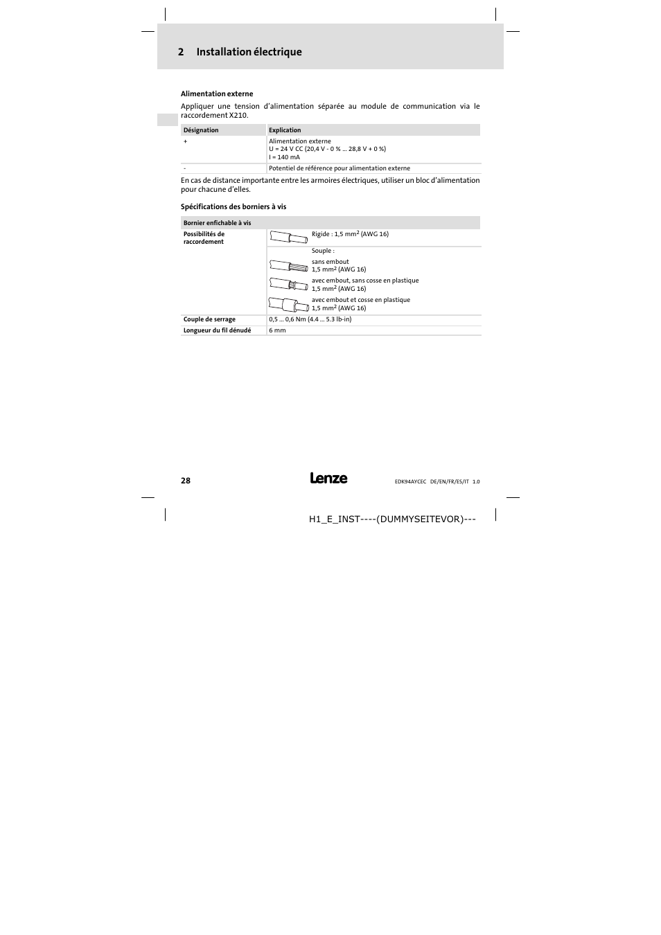 2 installation électrique, 2installation électrique | Lenze E94AYCEC User Manual | Page 28 / 46