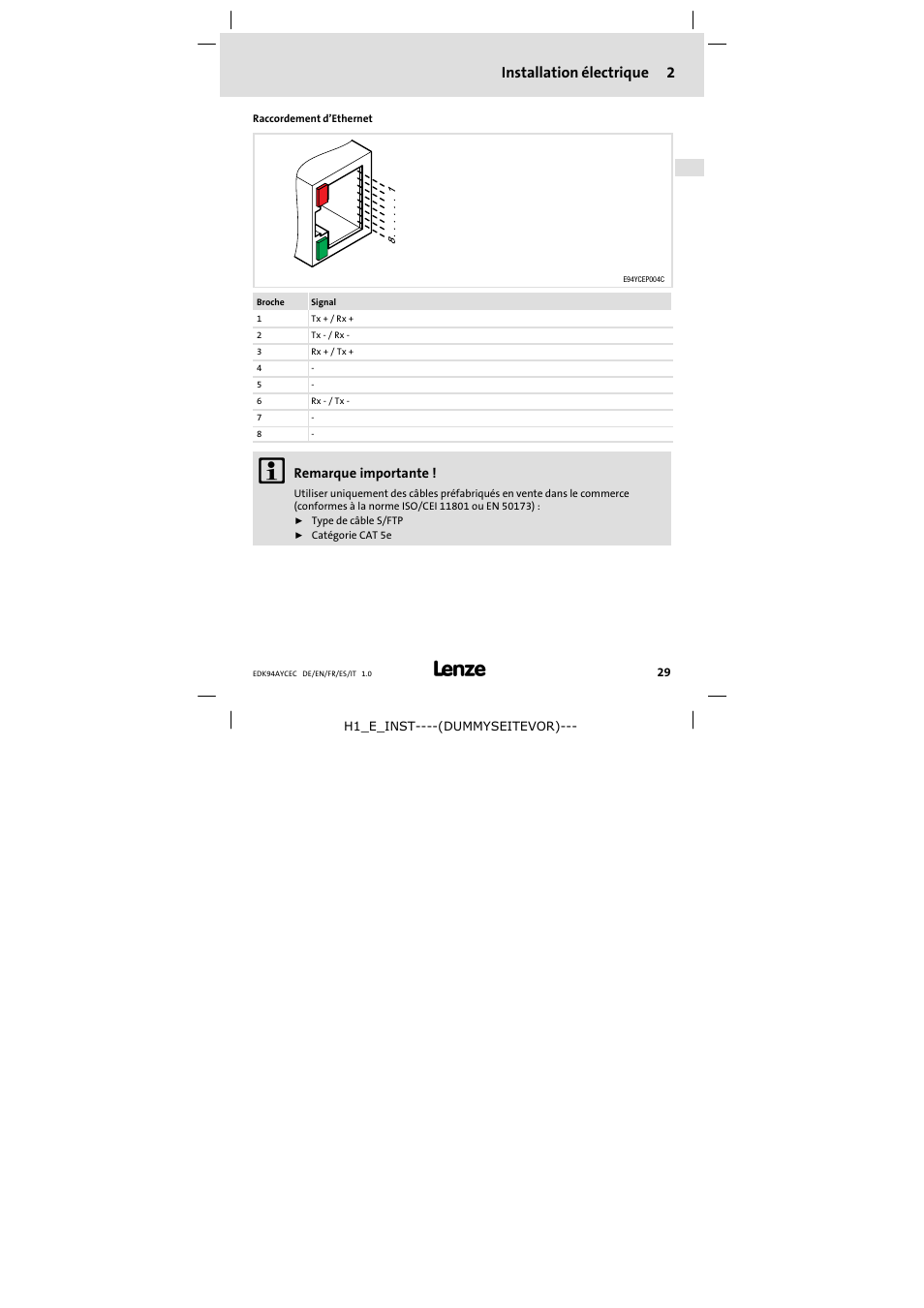 Installation électrique 2 | Lenze E94AYCEC User Manual | Page 29 / 46