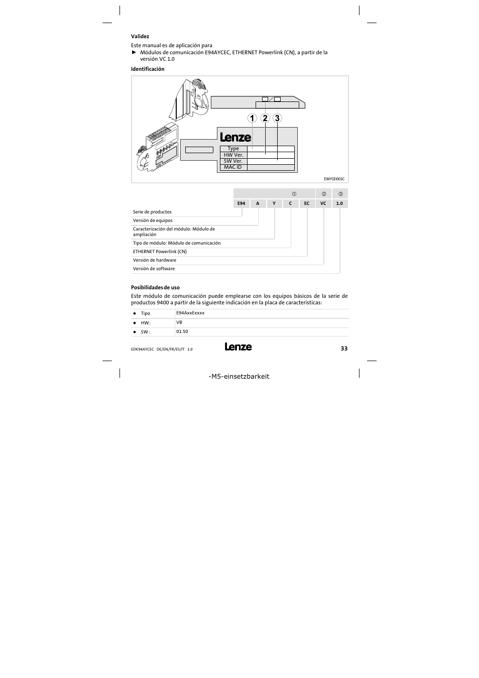 Validez | Lenze E94AYCEC User Manual | Page 33 / 46