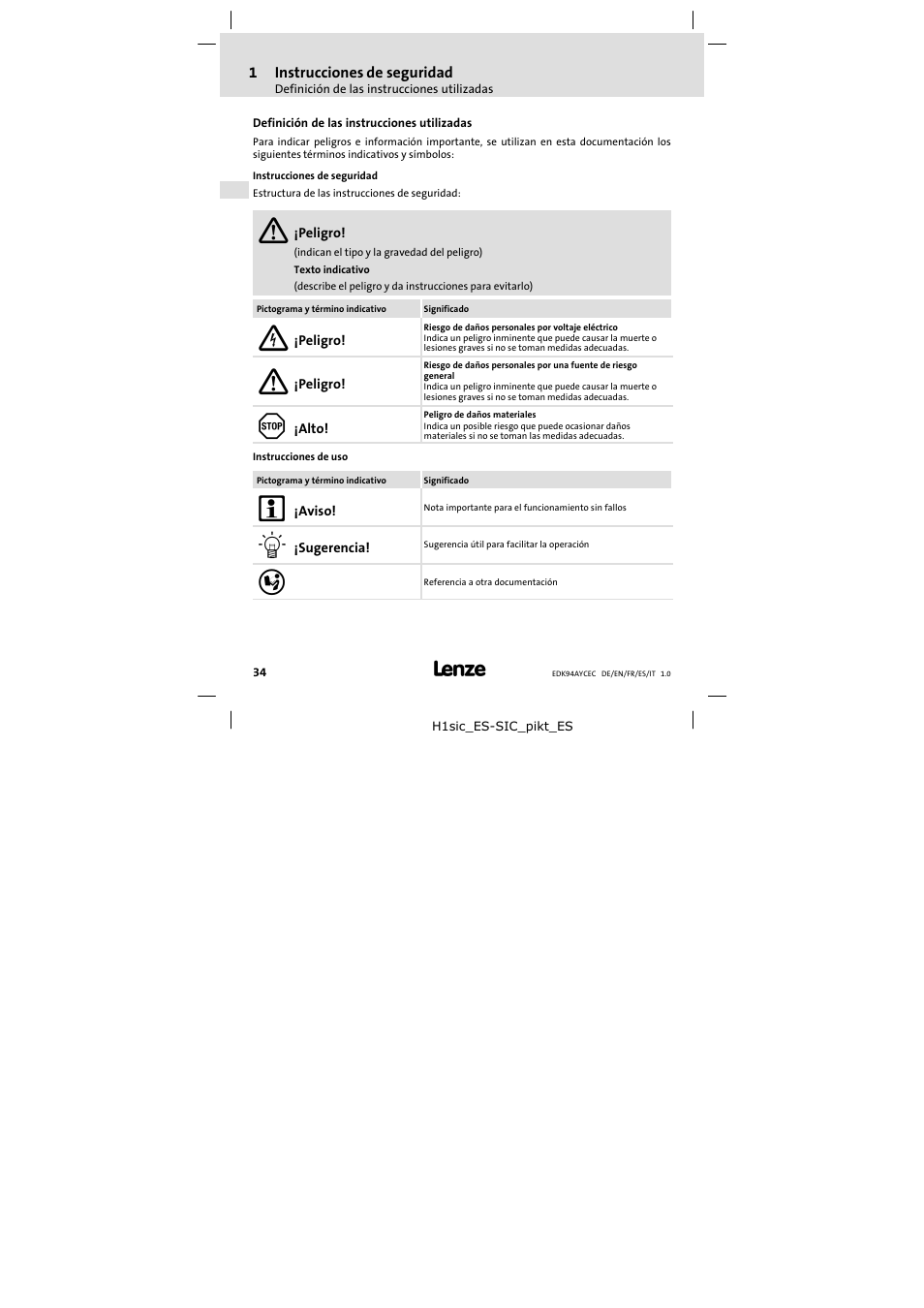 1 instrucciones de seguridad, Definición de las instrucciones utilizadas | Lenze E94AYCEC User Manual | Page 34 / 46