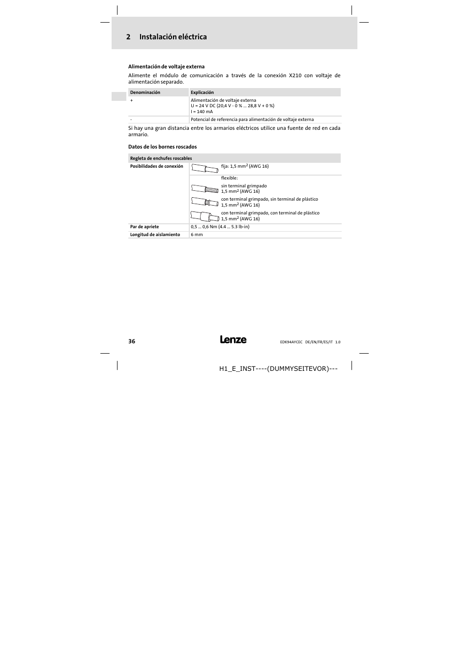 2 instalación eléctrica, 2instalación eléctrica | Lenze E94AYCEC User Manual | Page 36 / 46