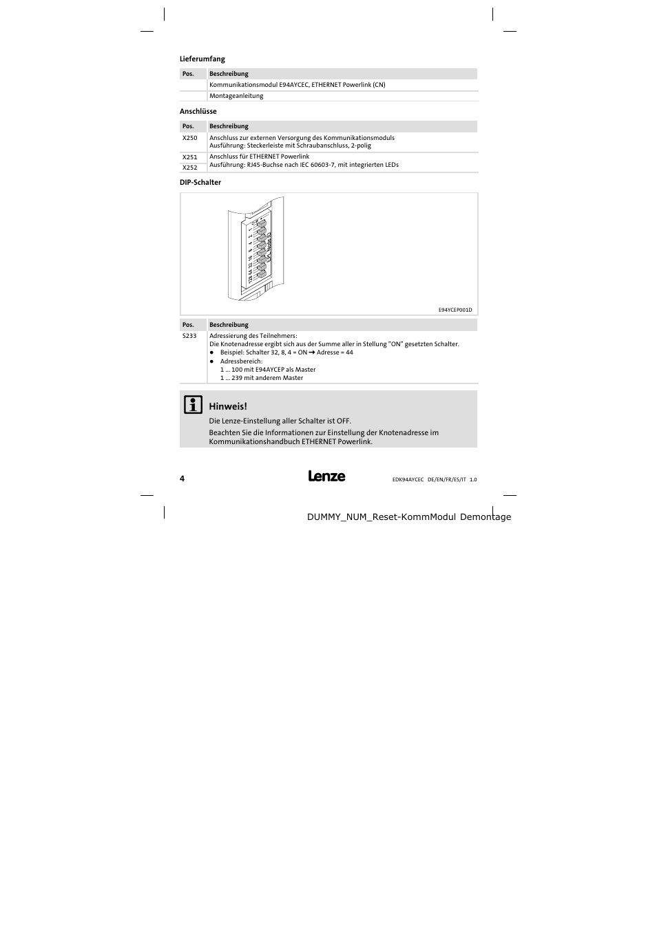 Lieferumfang, Hinweis | Lenze E94AYCEC User Manual | Page 4 / 46