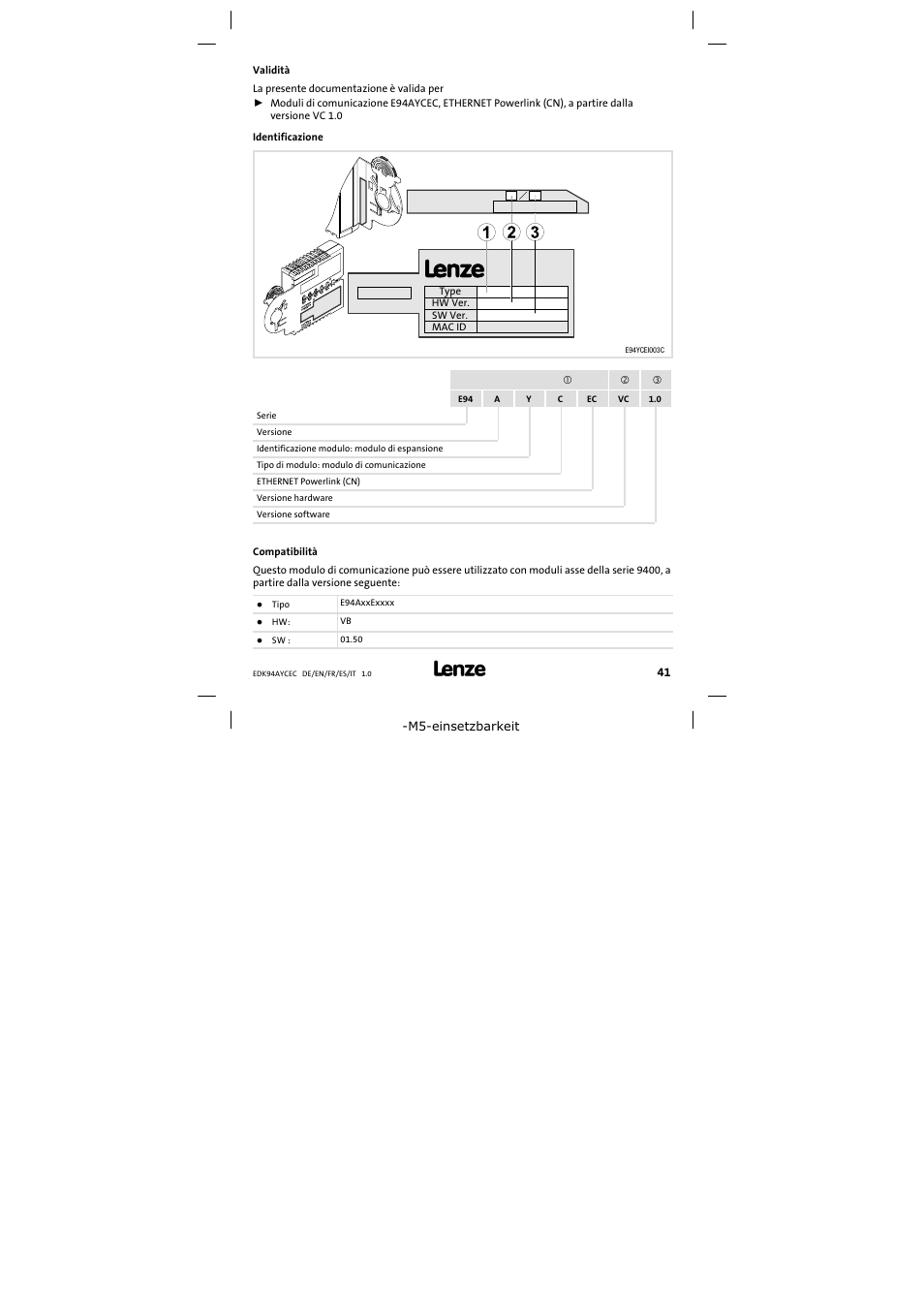Validità | Lenze E94AYCEC User Manual | Page 41 / 46