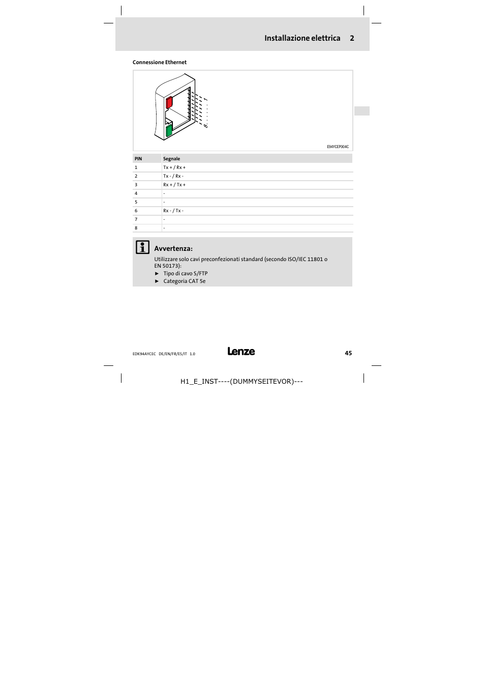 Installazione elettrica 2 | Lenze E94AYCEC User Manual | Page 45 / 46